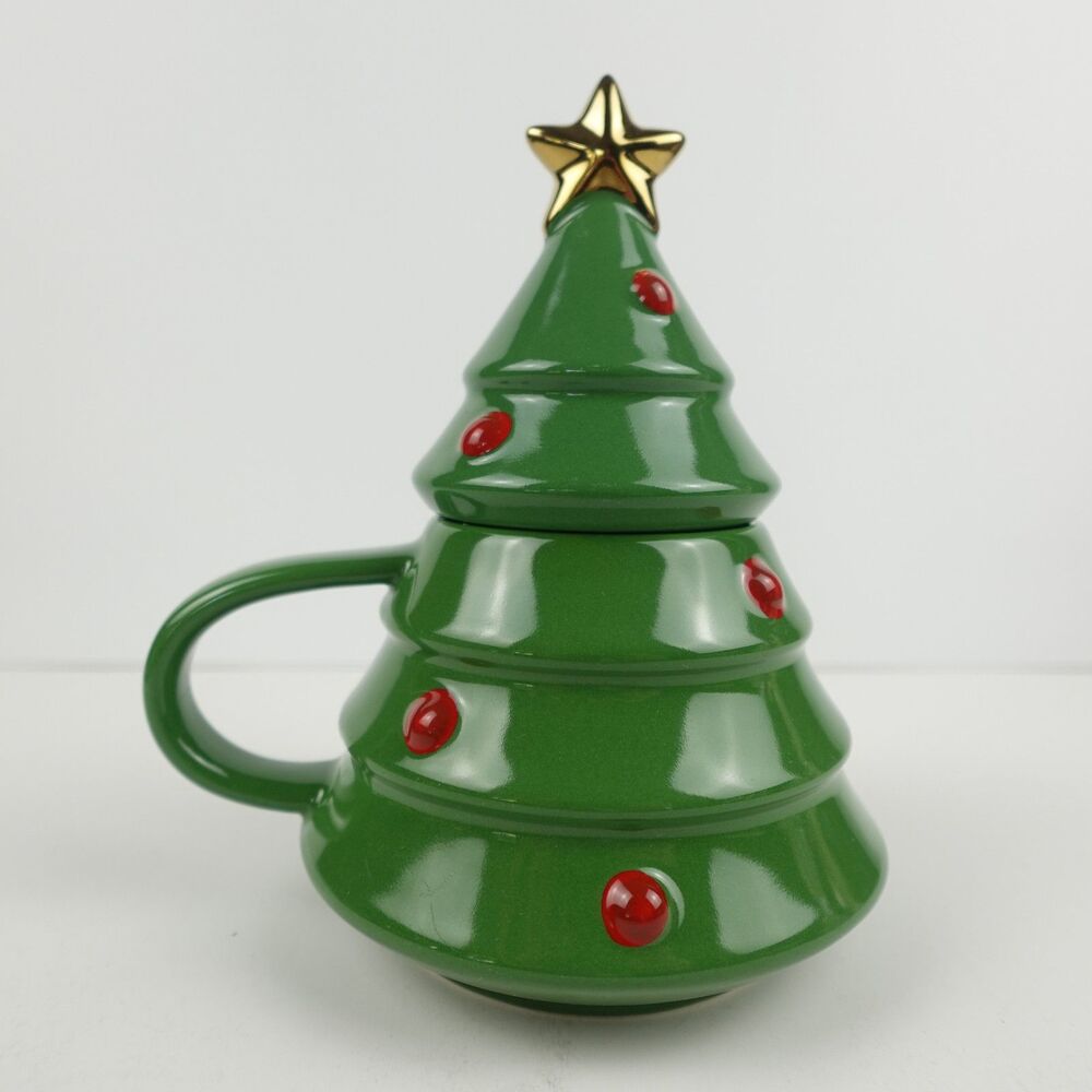 Hallmark Christmas Tree Mug with Lid Gold Star Topper Green Red Holiday Coffee
